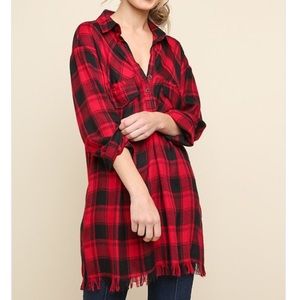 Red and Black Plaid top with Fringed Hem